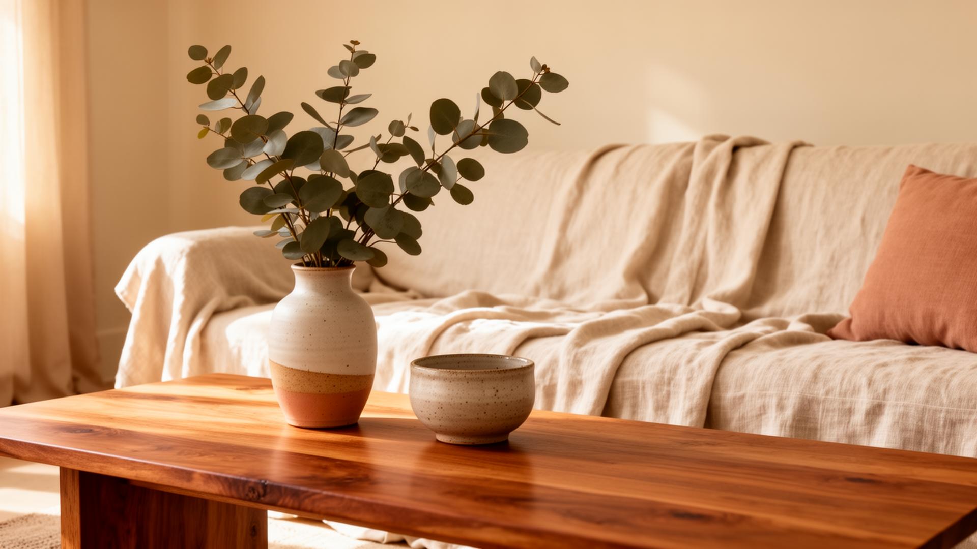 A linen-draped sofa with handmade ceramics on warm oak